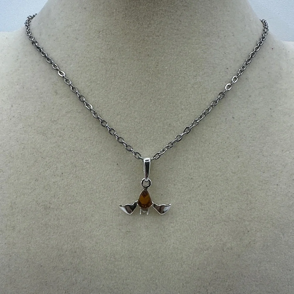 Silver and Amber Bat Pendant on Stainless Steel Chain